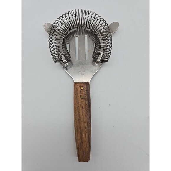 MCM Vintage Bar Tool Cocktail Strainer Stainless Steel Barware Japan Wood Handle - Picture 1 of 6